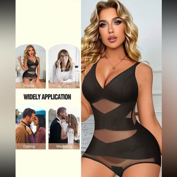 V-Neck Bodysuit Tummy Control Mesh Cross Slim Belly Body Shaper Waist Trainer - Picture 1 of 16